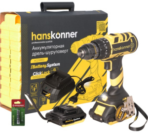 Дрель аккум. ударная б/щ Hanskonner, 18В, 1BatterySystem, 2 акк. 2 Ач,65Нм, 13мм,кейс