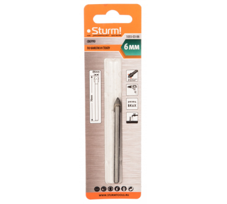 Сверло по стеклу и кафелю, d 6мм, круглый хвостовик, 2 грани, Sturm!